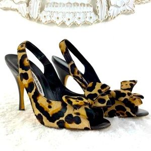 {Manolo Blahnik} Joriano Leopard Print Pony Hair Leather Slingback Heel, Size 8